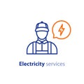 Electricity services, electrician icon, electrical repairman, technician person, maintenance engineer