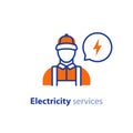 Electricity services, electrician icon, electrical repairman, technician person, maintenance engineer