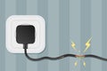 Electricity short circuit. Damaged cable plugged into wall socket. Vector illustration Royalty Free Stock Photo