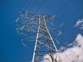 An electricity supply pylon delivering power through the UK national grid showing power cables, isolators and other equipment.