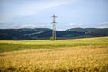 Electricity tower with lines on a field with grain in Poland. Royalty Free Stock Photo