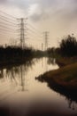 Electricity towers over industrial landscape Royalty Free Stock Photo