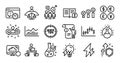Electricity, Trade infochart and Chemistry experiment line icons set. Vector