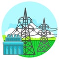 Electricity transmission. The concept of power lines and transformer substation. Vector illustration in flat style