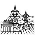 Electricity transmission. The concept of power lines and transformer substation. Vector line art illustration