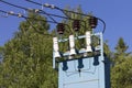 Electricity transmission equipment and high voltage transformer against blue sky and green trees.