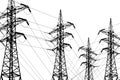 Electricity transmission lines with wires and towers. Black and white line art drawing illustration. Concept of electric power Royalty Free Stock Photo