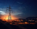 Electricity transmission towers with orange glowing wires.