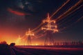 Electricity transmission towers with orange glowing wires the starry night sky