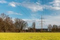 Electricity transmission pylon, energy distribution, power lines, high voltage electric transmission tower Royalty Free Stock Photo