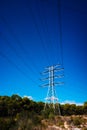 Electricity is transported by thick cables attached to metal towers