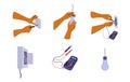 Electricity work tool icons set with isolated vector illustration of digital multimeter, light bulb, switchboard and working