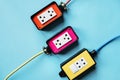 Electrics power supply plugs on blue background Royalty Free Stock Photo