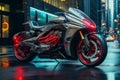 An electrified futuristic motorcycle parked on a city center, surrounded by neon signs and light