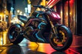 An electrified futuristic motorcycle parked on a city center, surrounded by neon signs and lights