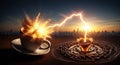 Electrifying Coffee Cups with Lightning and Coffee Beans at Sunset Royalty Free Stock Photo