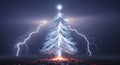 Electrifying Holiday: Lightning Strikes Tree on Burning Ground During Storm Illuminating Power Season Royalty Free Stock Photo