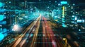 An electrifying image capturing the essence of 5G data speed with dynamic light streams flowing through a futuristic cityscape.