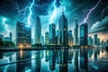 Electrifying metropolis a stunning night scene of skyscrapers illuminated by a dramatic lightning storm. Generative AI Royalty Free Stock Photo