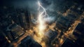 Electrifying Nightscape: Lightning Strikes Urban Skyscraper in Mesmerizing Aerial Display