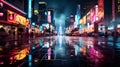 An electrifying shot of a cityscape at night, with neon signs and illuminated buildings creating a striking urban color palette