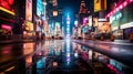 An electrifying shot of a cityscape at night, with neon signs and illuminated buildings creating a striking urban color palette