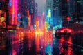 Electrifying Visions: A Glitchy Cityscape Awash with Neon Lights