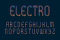 Electro alphabet of iridescent letters of shining rings. Glowing spiral font. Isolated english alphabet