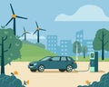 Electro car charging of the background green landscape and cities. The concept of environmentally friendly renewable