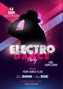 Electro Dance Party Invitation, Flyer Design with Silhouette Female and Event Details on Blue and Purple Halftone.