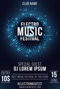 Electro music festival. Party poster. Stylish blue glittering halftone frame. Glowing vibrant ring. Text decoration. Festive