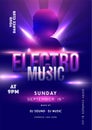 Electro Music Template or Flyer design with Silhouette Woman and Event Details on Lighting Effect Purple Rays.