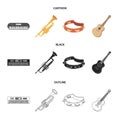 Electro organ, trumpet, tambourine, string guitar. Musical instruments set collection icons in cartoon,black,outline Royalty Free Stock Photo