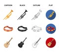 Electro organ, trumpet, tambourine, string guitar. Musical instruments set collection icons in cartoon,black,outline Royalty Free Stock Photo