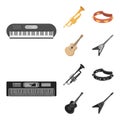 Electro organ, trumpet, tambourine, string guitar. Musical instruments set collection icons in cartoon,black style Royalty Free Stock Photo