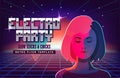 Electro party music poster template. Violet neon fashion girl. 80s Retro Sci-Fi Background with Sunrise or Sunset