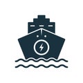 Electro Ship Silhouette Black Icon. Ecology Marine Sign for Freight, Passenger Travel. Vessel Alternative Eco