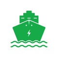 Electro Ship Silhouette Green Icon. Electric Cargo Boat Pictogram. Vessel Alternative Eco Transportation Icon. Ecology