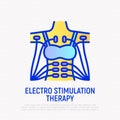 Electro stimulation therapy thin line icon: electrodes on woman`s body. Modern vector illustration