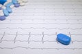 Electrocardiogram with Brugada syndrome. Colored pills on an EKG path. Sudden cardiac death due to arrhythmias