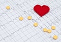 Electrocardiogram on paper. Tablets lie on an EKG. Red heart mad Royalty Free Stock Photo