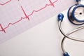 Electrocardiogram and stethoscope on white table close up top vi Royalty Free Stock Photo