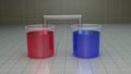 Electrochemistry. Chemistry beakers filled with bridge connecting colored blue and red liquid. 3d render illustration.