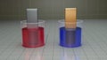 Electrochemistry. Chemistry beakers filled with metal bars and colored blue and red liquid. 3d render illustration.