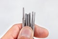 Electrodes for electric welding held in the palm of your hand. Welding accessories for MMA methods