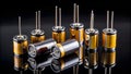 Electrolytic capacitors isolated on a black background Copy space Electronic components Creative AI Royalty Free Stock Photo