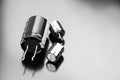 Electrolytic capacitors isolated on a black background. Copy space. Electronic components. Royalty Free Stock Photo