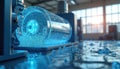Electrolyzer device separates water into hydrogen and oxygen. Blue bubbles form on surface. Clean energy production, industrial Royalty Free Stock Photo