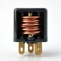 Electromagnetic relay switch with exposed copper coil and brass terminals. Close-up on black plastic automotive component on Royalty Free Stock Photo
