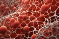Electron microscopy of red blood cells in a human body, medical background. Generative AI